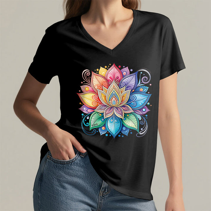 Olivenorma Vibrant Rainbow Mandala Lotus Boho Graphic Women's V Neck T-Shirt - image 17