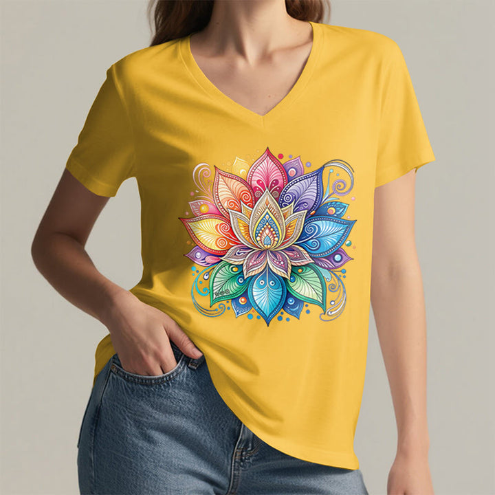 Olivenorma Vibrant Rainbow Mandala Lotus Boho Graphic Women's V Neck T-Shirt - image 2
