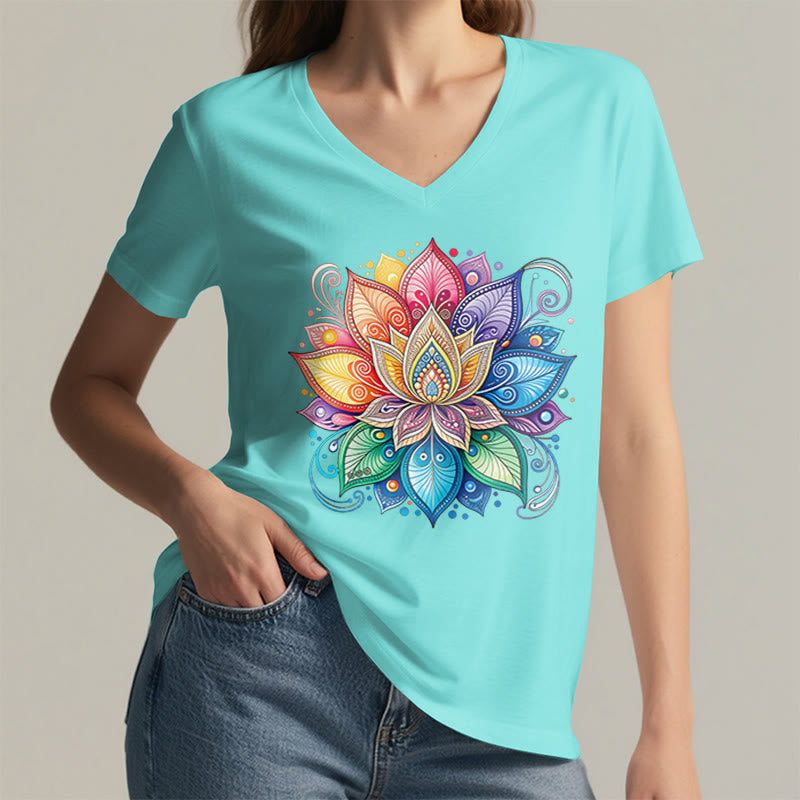 Olivenorma Vibrant Rainbow Mandala Lotus Boho Graphic Women's V Neck T-Shirt - image 14