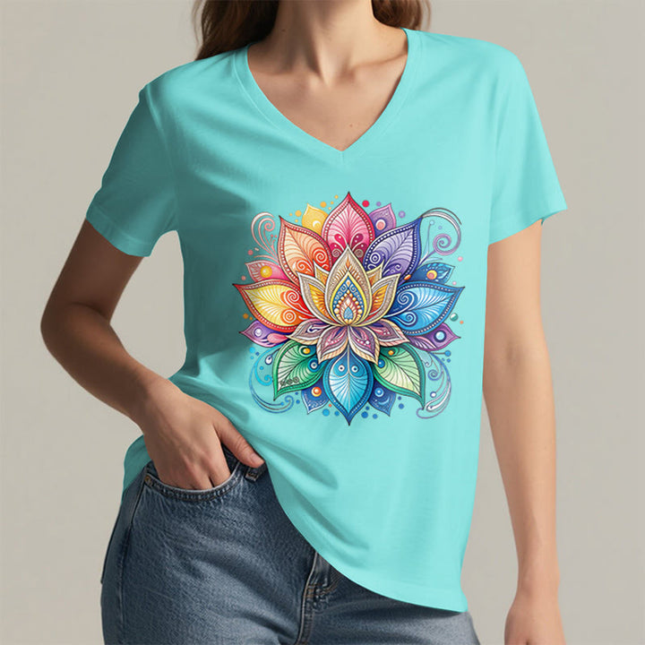 Olivenorma Vibrant Rainbow Mandala Lotus Boho Graphic Women's V Neck T-Shirt - image 14