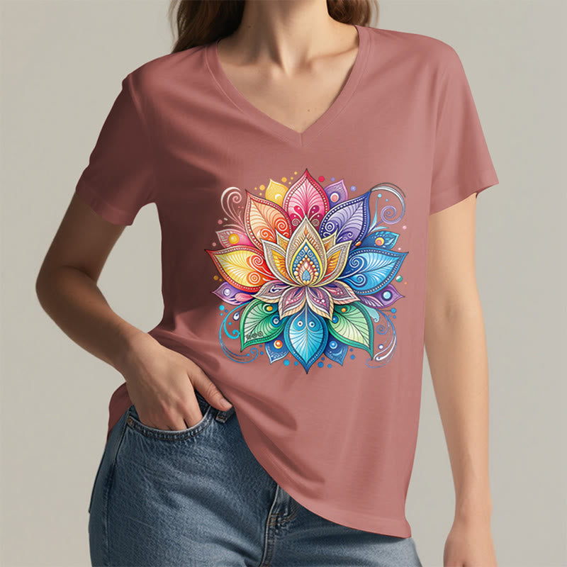 Olivenorma Vibrant Rainbow Mandala Lotus Boho Graphic Women's V Neck T-Shirt - image 11