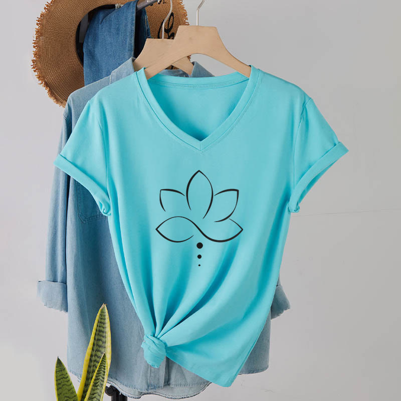 Olivenorma Minimal Thin Line Lotus Dot Chakra Spiritual Graphic Women's V Neck T-Shirt - Lake Blue - 2XL - image 0