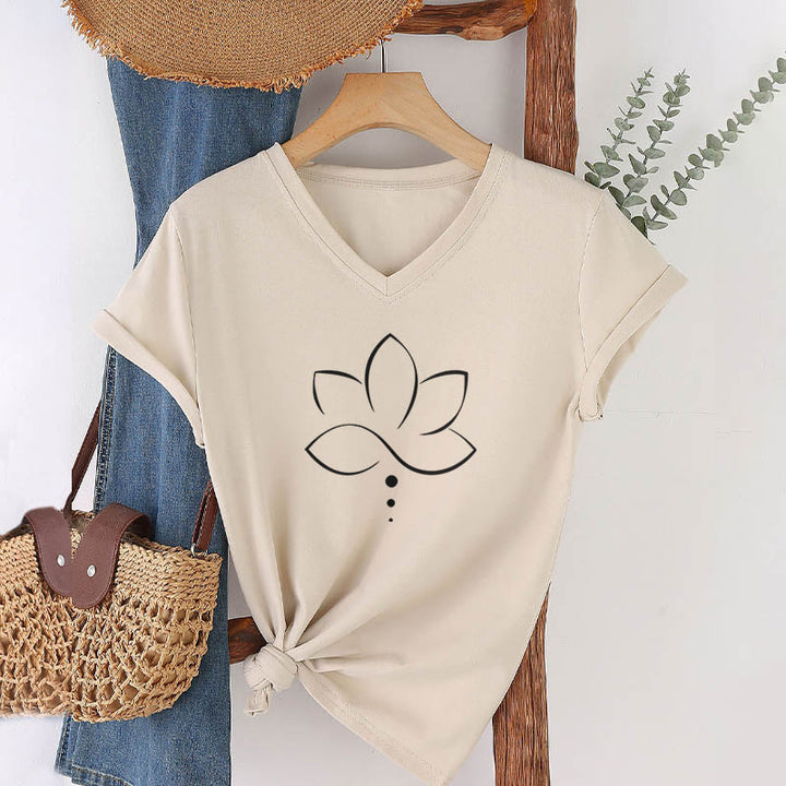 Olivenorma Minimal Thin Line Lotus Dot Chakra Spiritual Graphic Women's V Neck T-Shirt - Khaki - 2XL - image 6