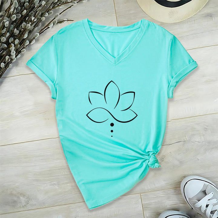Olivenorma Minimal Thin Line Lotus Dot Chakra Spiritual Graphic Women's V Neck T-Shirt - image 1