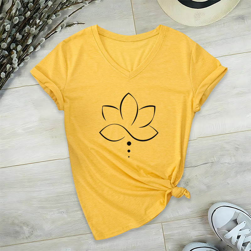 Olivenorma Minimal Thin Line Lotus Dot Chakra Spiritual Graphic Women's V Neck T-Shirt - image 31