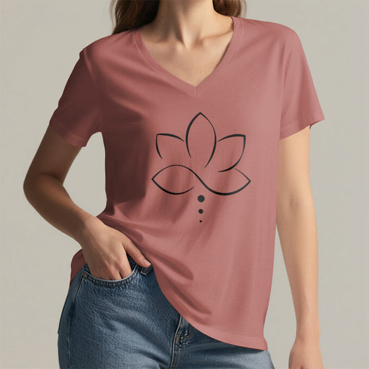 Olivenorma Minimal Thin Line Lotus Dot Chakra Spiritual Graphic Women's V Neck T-Shirt - image 11