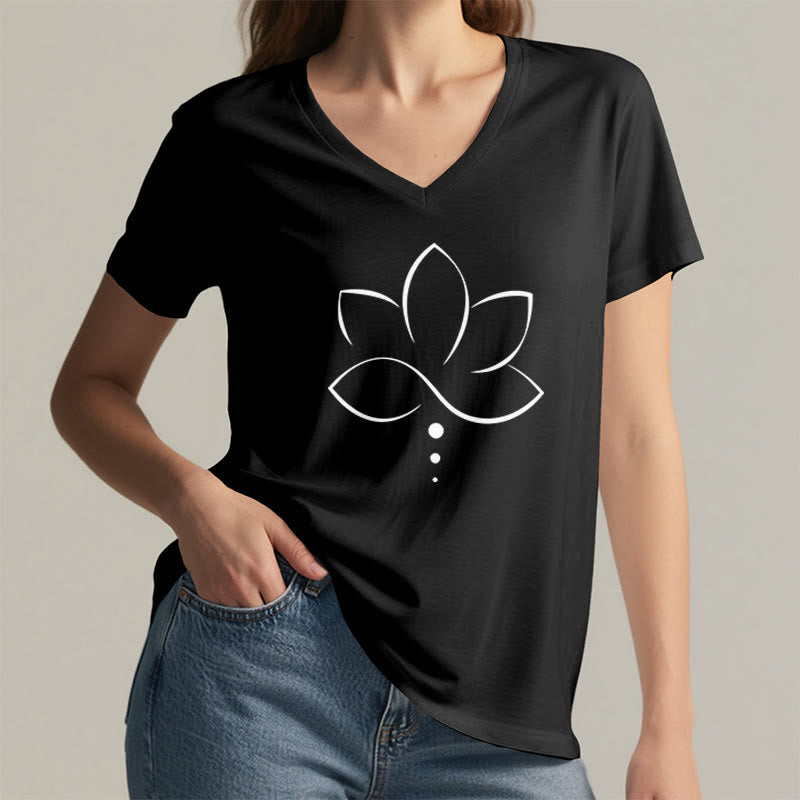 Olivenorma Minimal Thin Line Lotus Dot Chakra Spiritual Graphic Women's V Neck T-Shirt - image 14