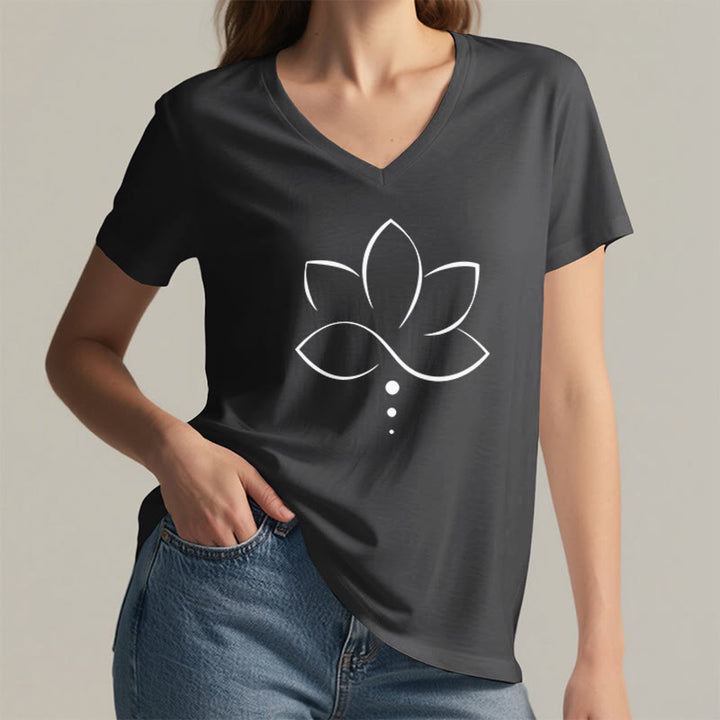Olivenorma Minimal Thin Line Lotus Dot Chakra Spiritual Graphic Women's V Neck T-Shirt - image 17