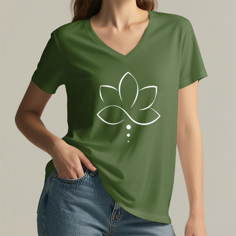 Olivenorma Minimal Thin Line Lotus Dot Chakra Spiritual Graphic Women's V Neck T-Shirt - image 5