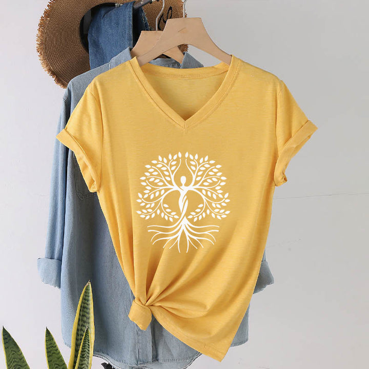 Olivenorma Gold Foil Human Silhouette Tree Of Life Spiritual Graphic Women's V Neck T-Shirt - Yellow - 2XL - image 30