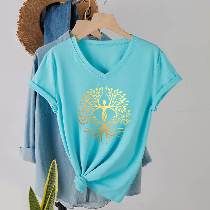 Olivenorma Gold Foil Human Silhouette Tree Of Life Spiritual Graphic Women's V Neck T-Shirt - Lake Blue - 2XL - image 9