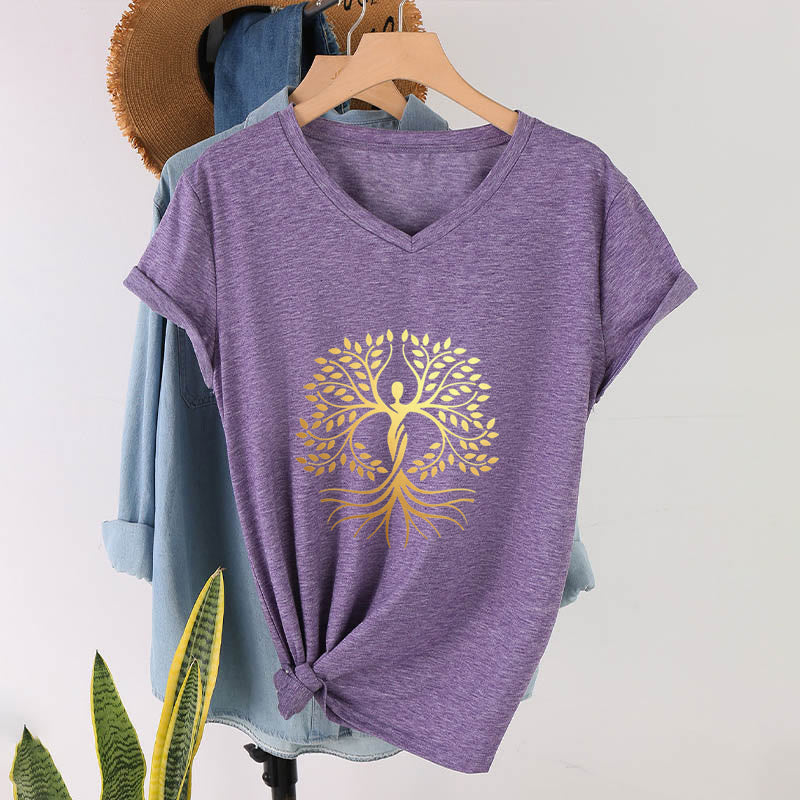 Olivenorma Gold Foil Human Silhouette Tree Of Life Spiritual Graphic Women's V Neck T-Shirt - Purple - 2XL - image 36