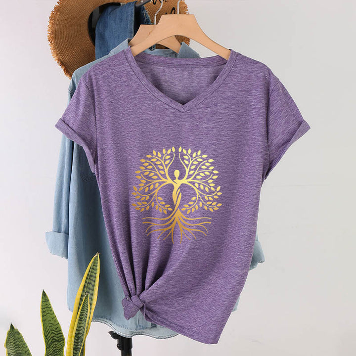 Olivenorma Gold Foil Human Silhouette Tree Of Life Spiritual Graphic Women's V Neck T-Shirt - Purple - 2XL - image 36