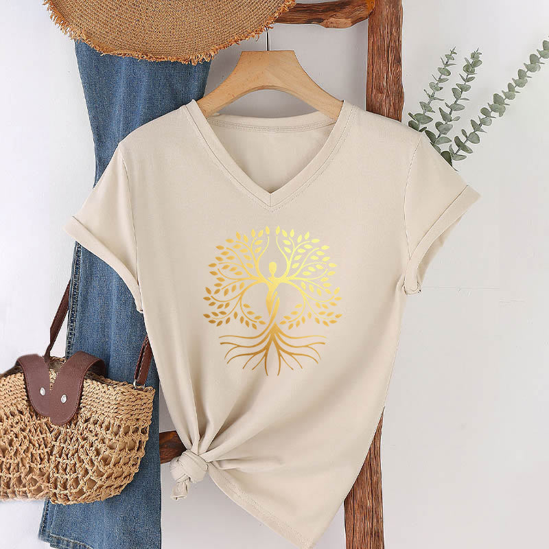 Olivenorma Gold Foil Human Silhouette Tree Of Life Spiritual Graphic Women's V Neck T-Shirt - Khaki - 2XL - image 3