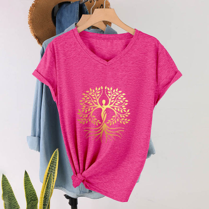 Olivenorma Gold Foil Human Silhouette Tree Of Life Spiritual Graphic Women's V Neck T-Shirt - Rose Red - 2XL - image 33