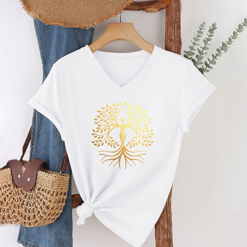 Olivenorma Gold Foil Human Silhouette Tree Of Life Spiritual Graphic Women's V Neck T-Shirt - White - 2XL - image 18