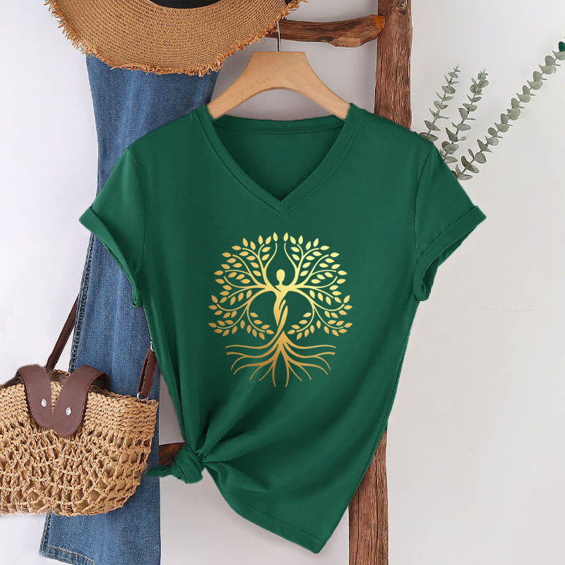 Olivenorma Gold Foil Human Silhouette Tree Of Life Spiritual Graphic Women's V Neck T-Shirt - Dark Green - 2XL - image 24