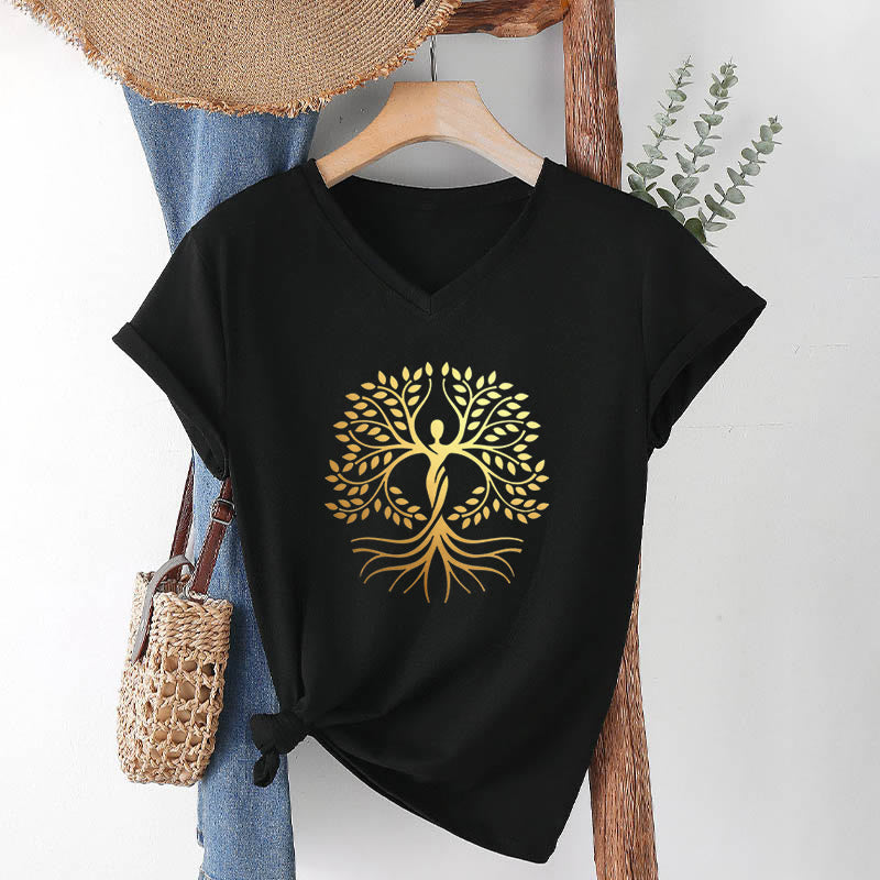Olivenorma Gold Foil Human Silhouette Tree Of Life Spiritual Graphic Women's V Neck T-Shirt - Black - 2XL - image 12