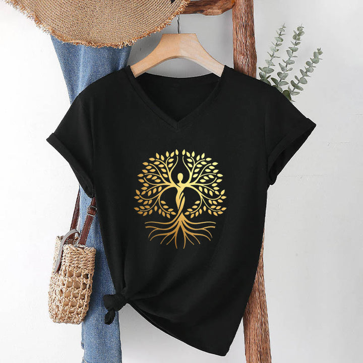 Olivenorma Gold Foil Human Silhouette Tree Of Life Spiritual Graphic Women's V Neck T-Shirt - Black - 2XL - image 12
