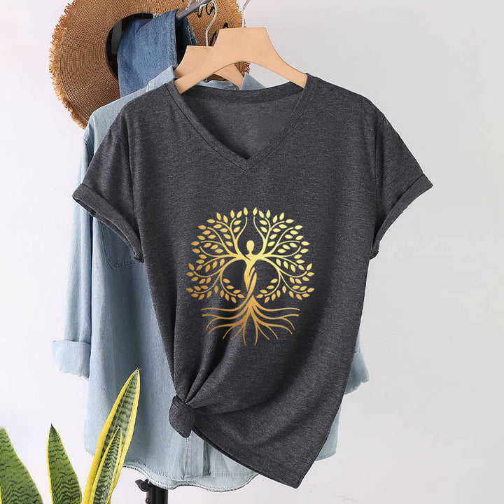 Olivenorma Gold Foil Human Silhouette Tree Of Life Spiritual Graphic Women's V Neck T-Shirt - Gray - 2XL - image 15