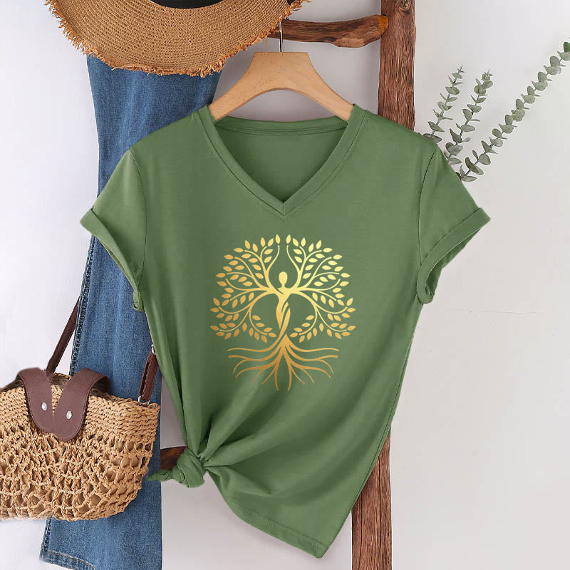 Olivenorma Gold Foil Human Silhouette Tree Of Life Spiritual Graphic Women's V Neck T-Shirt - Olive Green - 2XL - image 0
