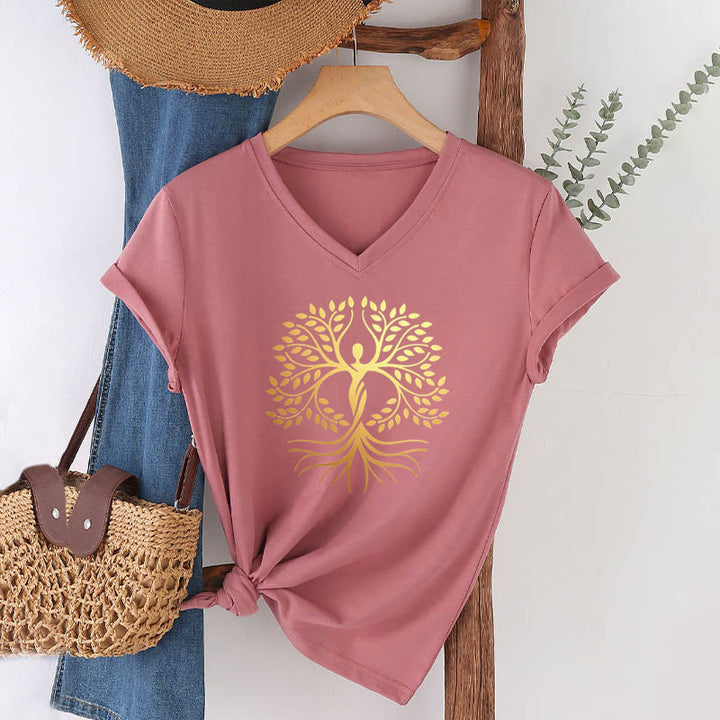 Olivenorma Gold Foil Human Silhouette Tree Of Life Spiritual Graphic Women's V Neck T-Shirt - Pink - 2XL - image 6