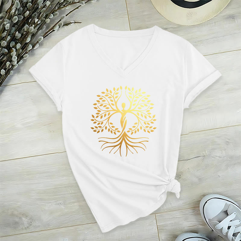 Olivenorma Gold Foil Human Silhouette Tree Of Life Spiritual Graphic Women's V Neck T-Shirt - image 19