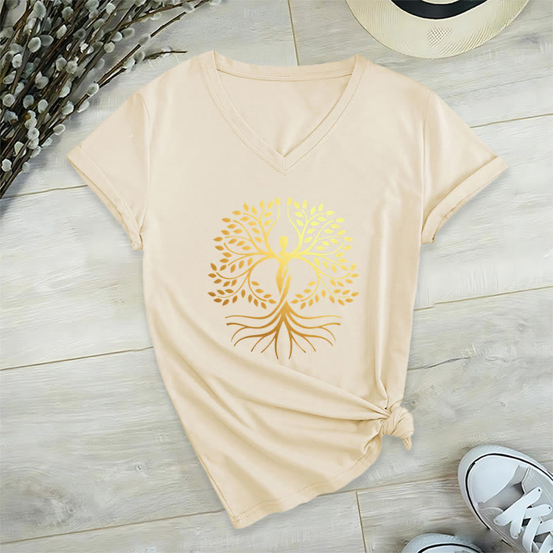 Olivenorma Gold Foil Human Silhouette Tree Of Life Spiritual Graphic Women's V Neck T-Shirt - image 4