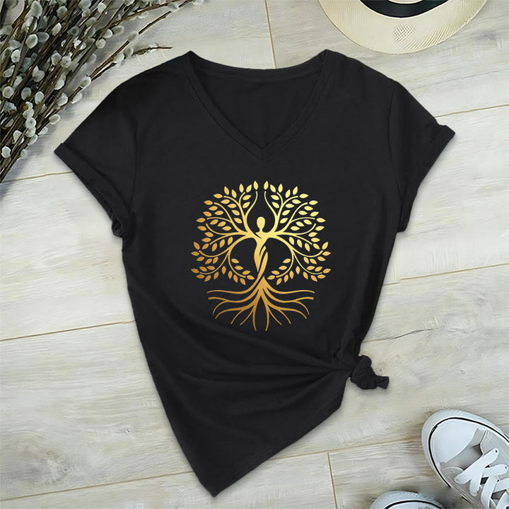 Olivenorma Gold Foil Human Silhouette Tree Of Life Spiritual Graphic Women's V Neck T-Shirt - image 13