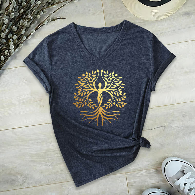 Olivenorma Gold Foil Human Silhouette Tree Of Life Spiritual Graphic Women's V Neck T-Shirt - image 22