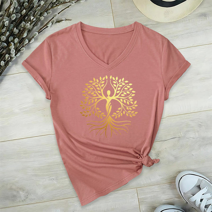 Olivenorma Gold Foil Human Silhouette Tree Of Life Spiritual Graphic Women's V Neck T-Shirt - image 7