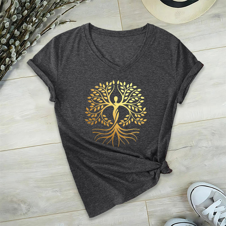 Olivenorma Gold Foil Human Silhouette Tree Of Life Spiritual Graphic Women's V Neck T-Shirt - image 16
