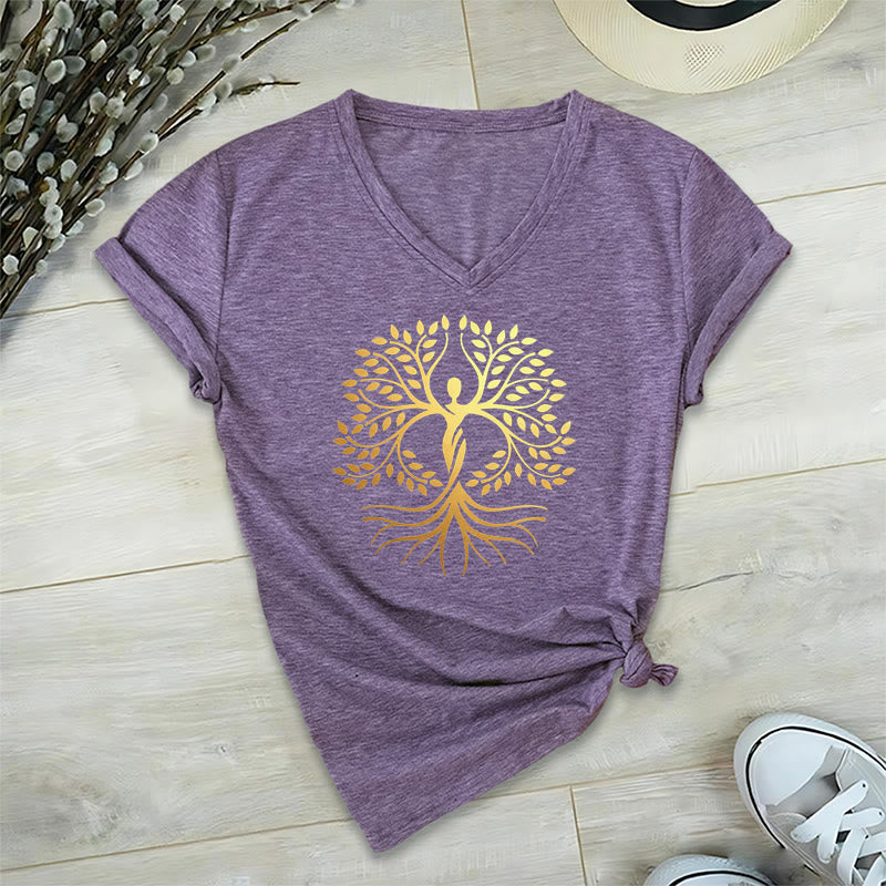 Olivenorma Gold Foil Human Silhouette Tree Of Life Spiritual Graphic Women's V Neck T-Shirt - image 37
