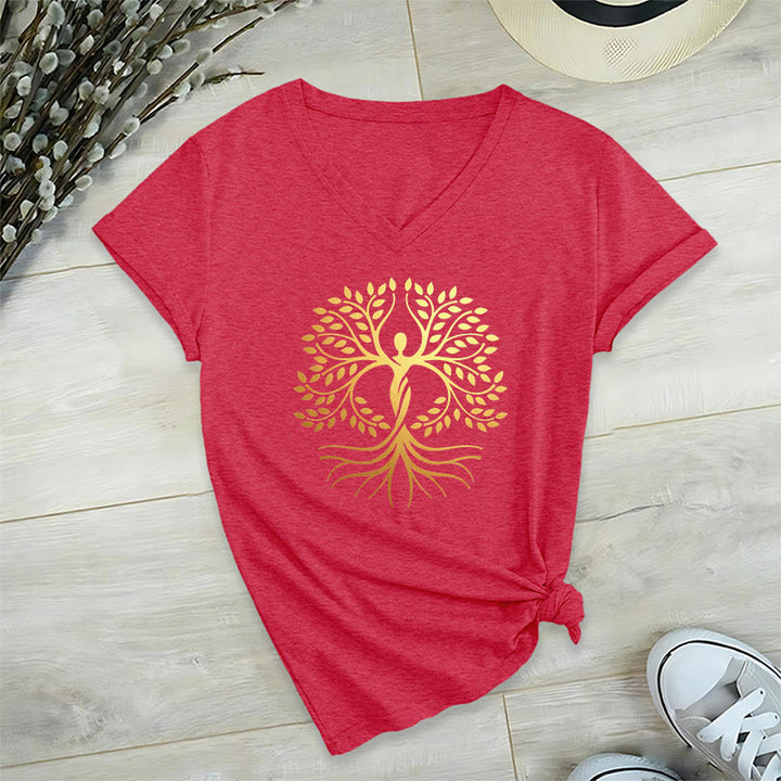 Olivenorma Gold Foil Human Silhouette Tree Of Life Spiritual Graphic Women's V Neck T-Shirt - image 28