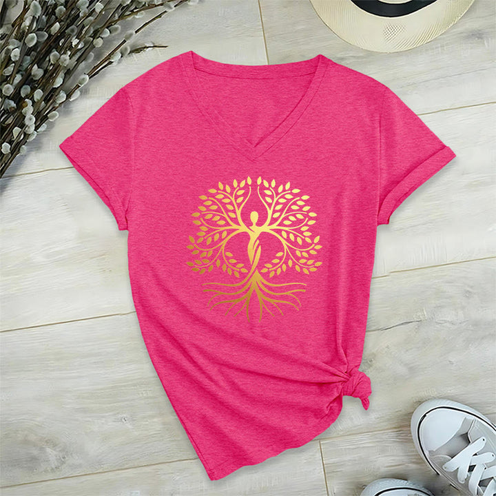 Olivenorma Gold Foil Human Silhouette Tree Of Life Spiritual Graphic Women's V Neck T-Shirt - image 34