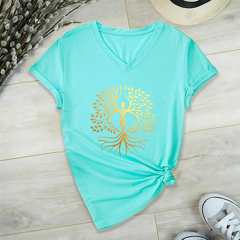 Olivenorma Gold Foil Human Silhouette Tree Of Life Spiritual Graphic Women's V Neck T-Shirt - image 10