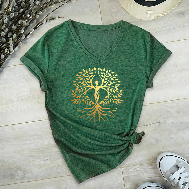 Olivenorma Gold Foil Human Silhouette Tree Of Life Spiritual Graphic Women's V Neck T-Shirt - image 25