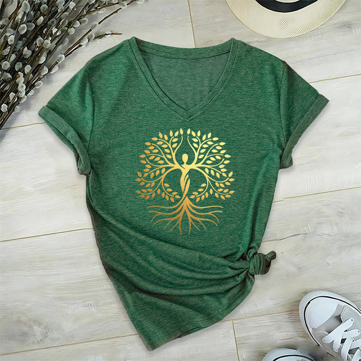 Olivenorma Gold Foil Human Silhouette Tree Of Life Spiritual Graphic Women's V Neck T-Shirt - image 25