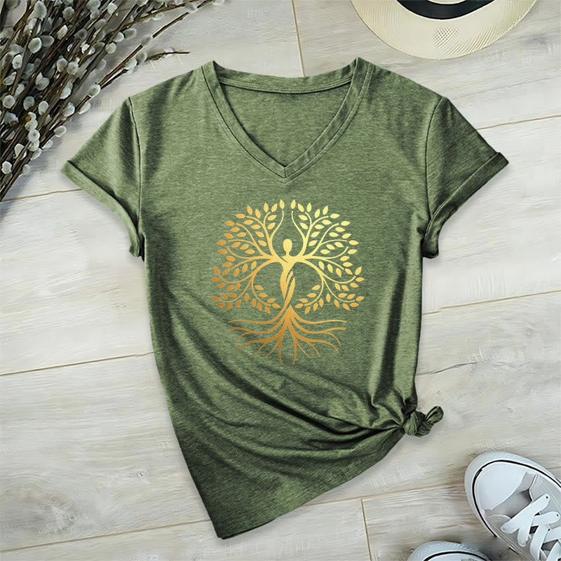 Olivenorma Gold Foil Human Silhouette Tree Of Life Spiritual Graphic Women's V Neck T-Shirt - image 1