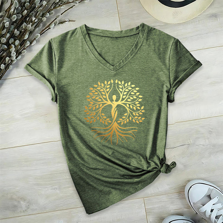 Olivenorma Gold Foil Human Silhouette Tree Of Life Spiritual Graphic Women's V Neck T-Shirt - image 1