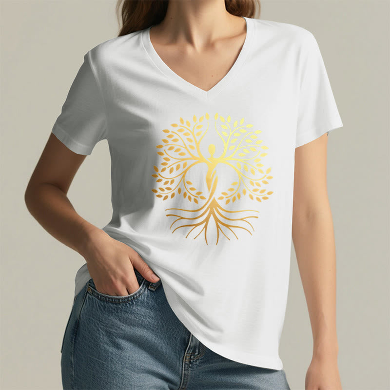 Olivenorma Gold Foil Human Silhouette Tree Of Life Spiritual Graphic Women's V Neck T-Shirt - image 20