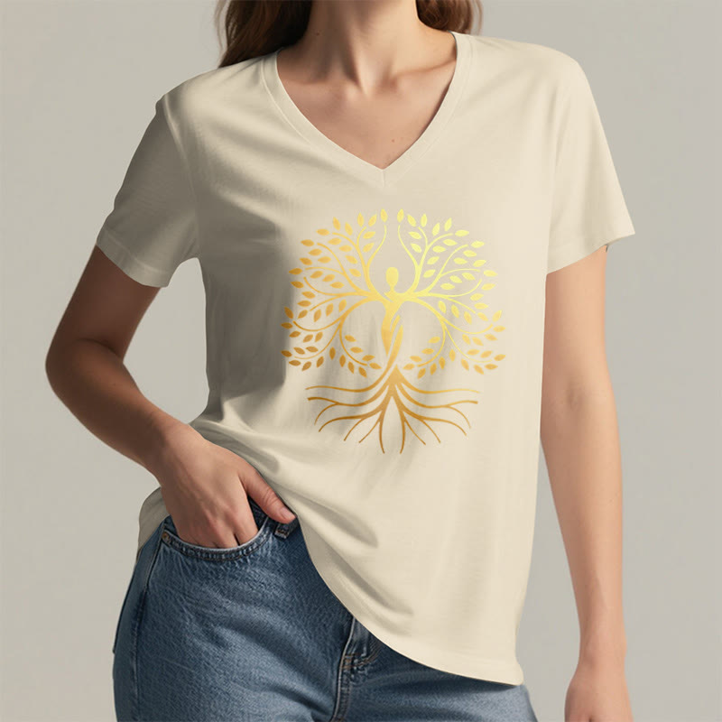 Olivenorma Gold Foil Human Silhouette Tree Of Life Spiritual Graphic Women's V Neck T-Shirt - image 5