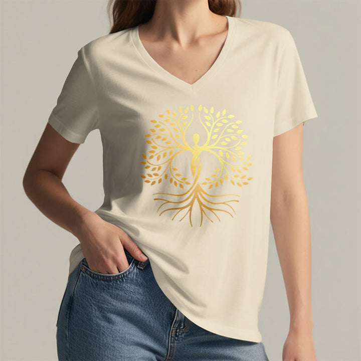 Olivenorma Gold Foil Human Silhouette Tree Of Life Spiritual Graphic Women's V Neck T-Shirt - image 5