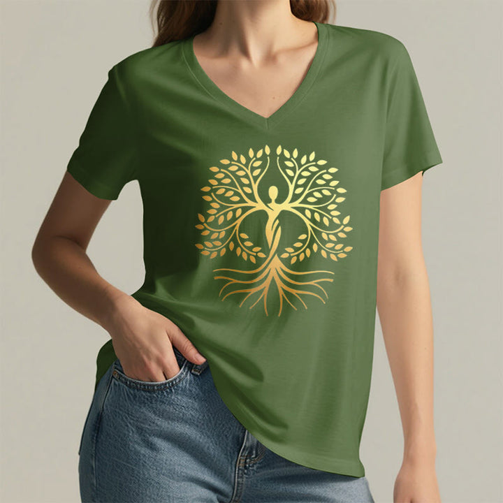 Olivenorma Gold Foil Human Silhouette Tree Of Life Spiritual Graphic Women's V Neck T-Shirt - image 2