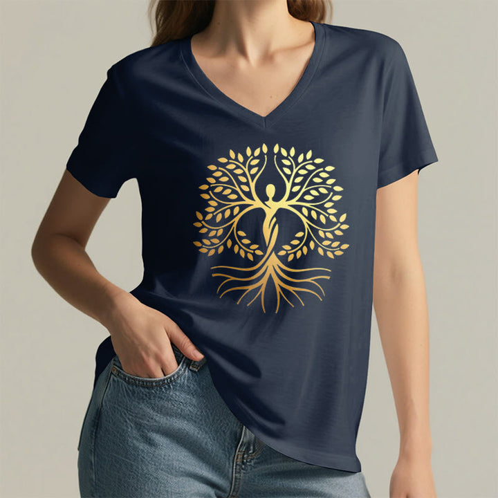 Olivenorma Gold Foil Human Silhouette Tree Of Life Spiritual Graphic Women's V Neck T-Shirt - image 23