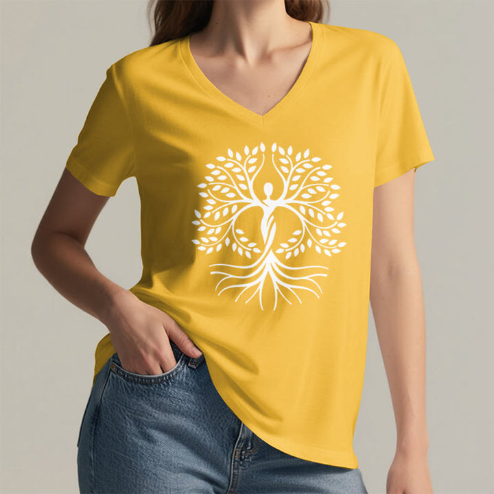 Olivenorma Gold Foil Human Silhouette Tree Of Life Spiritual Graphic Women's V Neck T-Shirt - image 32