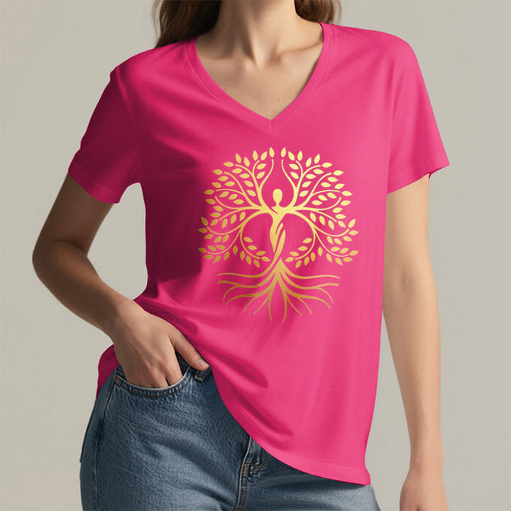 Olivenorma Gold Foil Human Silhouette Tree Of Life Spiritual Graphic Women's V Neck T-Shirt - image 35