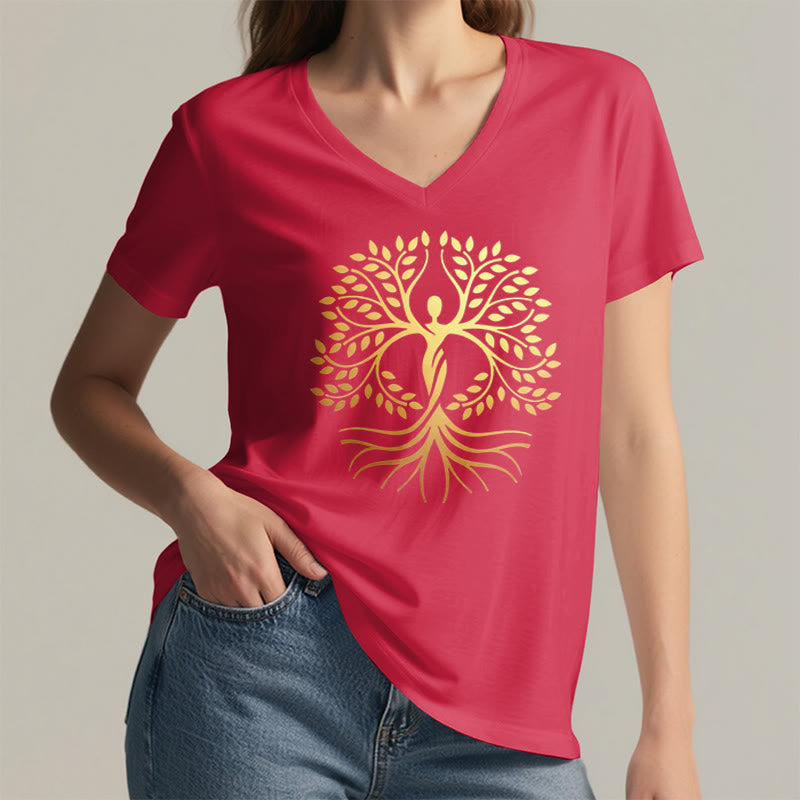 Olivenorma Gold Foil Human Silhouette Tree Of Life Spiritual Graphic Women's V Neck T-Shirt - image 29