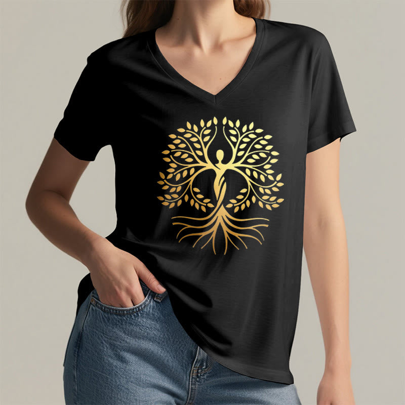 Olivenorma Gold Foil Human Silhouette Tree Of Life Spiritual Graphic Women's V Neck T-Shirt - image 14