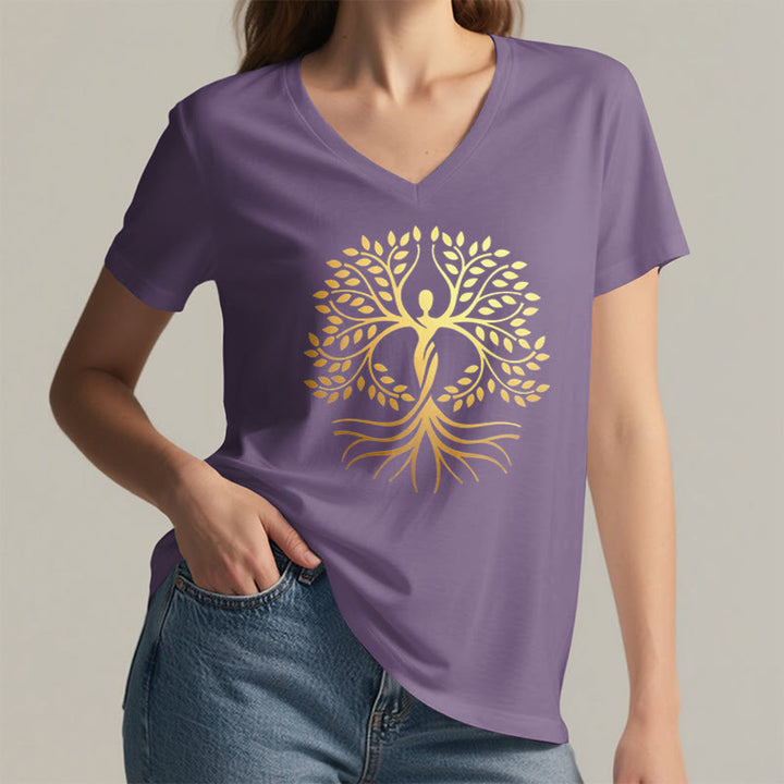 Olivenorma Gold Foil Human Silhouette Tree Of Life Spiritual Graphic Women's V Neck T-Shirt - image 38